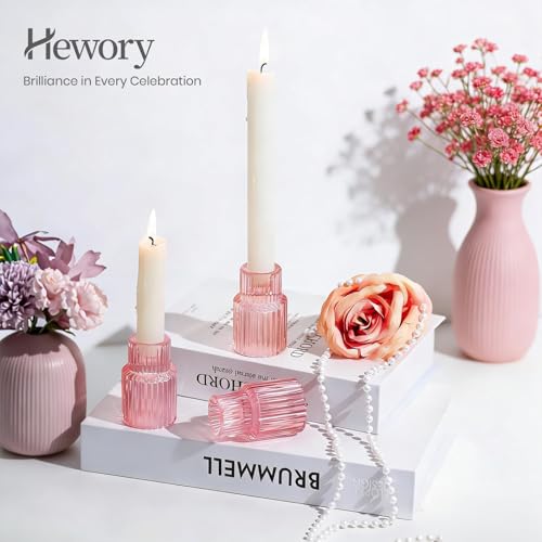 Hewory Glass Pink Candle Holder Bulk, 2PCS Valentines Taper Candle Holders - color: Pink, size: 2PCS