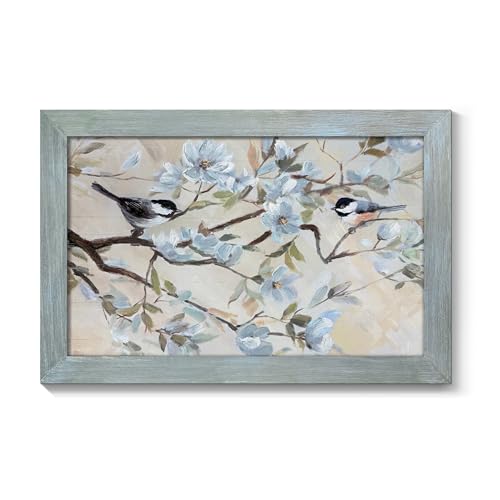 Framed Bird Magnolia Wall Art, Vintage Floral Chickadee Canvas Print - color: Chickadees on Soft Pastel, size: 24"L x 16"W