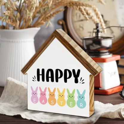 Easter Decor, Happy Easter House Shaped Wood Block Sign - color: HAPPY