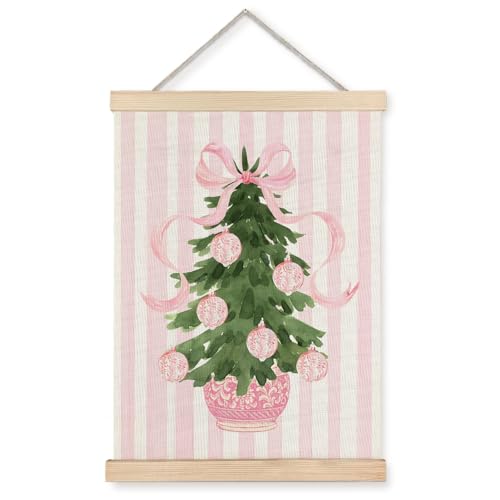 Exqcom Chinoiserie Christmas Tree Wall Decor, Coquette Pink Bow Preppy Christmas Wall Art Poster, Grand Millenial Holiday Xmas Posters for Girls Room Dorm Apartment, 12x16 Inches - color: Christmas-Wall Decor-U