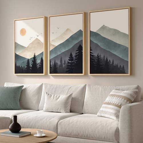 Large Framed Boho Mountain Landscape Wall Art for Living Room, 24x36 Inch - color: Neutral Blue, size: 24" W x 36" H x 3Pcs