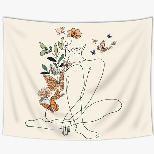 Abstract Woman Tapestry Butterfly Mid Century Modern Flower Wall Hanging - color: Beige Woman Sitting, size: 51"L x 59"W