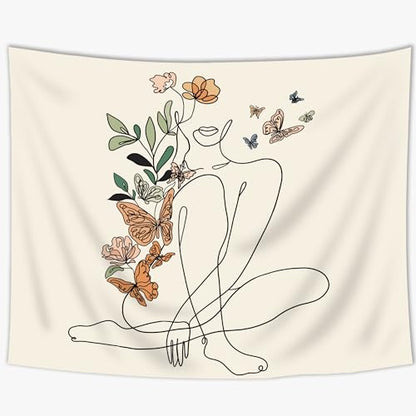 Abstract Woman Tapestry Butterfly Mid Century Modern Flower Wall Hanging - color: Beige Woman Sitting, size: 51"L x 59"W