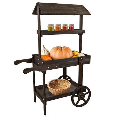 Sunnydaze Flower Cart Display Stand with Wheels, Pine Wood, 49” H, Brown - color: Pine