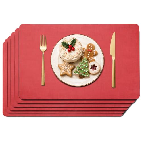 Maxpearl Faux Leather Placemats Set of 6, Easy to Clean, Light Red - color: Light Red
