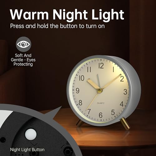 JALL Analog Alarm Clock, 4 inch Super Silent Non Ticking Small Clock with Night Light, Battery Operated, Simple Design, Easy Setting for Office, Bedroom, Bedside, Desk, Teens, Elders, Adult, White - color: White