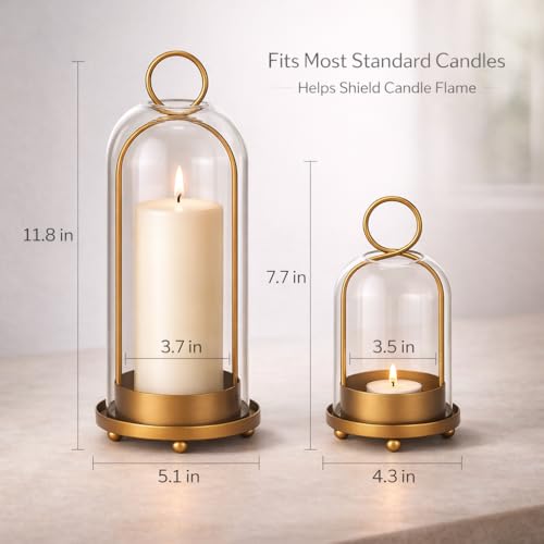 Glass Candle Lantern Brass Hurricane Candle Holders Set for Pillar Candles, Tabletop & Hanging Decor for Living Room, Dining Table, Patio & Events