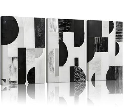 LYYGLYY 3Pcs Framed Black and White Geometric Canvas Wall Art 16x24 Inches - color: Black White Blocks, size: 16x24 Inches