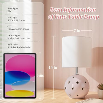 Small Table Lamp, 14" Pink Ceramic Bedside Lamp for Girls Kids Bedroom,Dorm - color: Pink