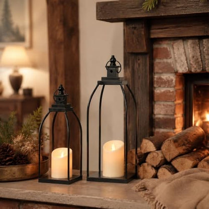 Decorative Candle Lanterns Set of 2, Black Metal for Indoor & Outdoor - size: 14+17in