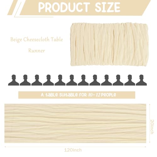 2 Pack 120 Inch Beige Cheesecloth Table Runner Boho Rustic Gauze Sheer Romantic 10 FT Long Cheese Cloth Table Runner for Bridal Baby Shower Wedding Party Birthday Holiday Home Easter Decor - color: Beige