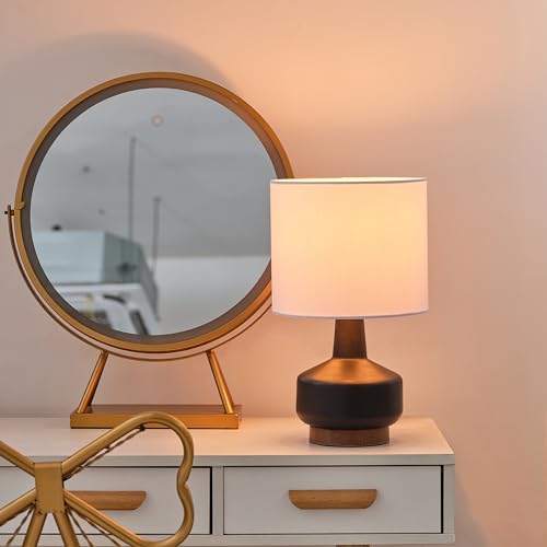 Globe Electric 15" Ceramic Table Lamp, Matte Black Base, Wood-Toned Accent, White Linen Shade, Dual Rotary Switch, Modern Bedroom or Office Lighting, 61000046 - color: Black