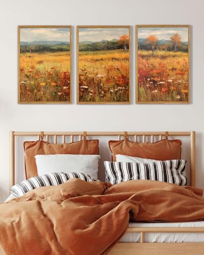 UPWOIGH Autumn Meadow Framed Wall Art Set of 3, 16 x 24 Inch - color: Gold Autumn, size: 24"L x 16"W