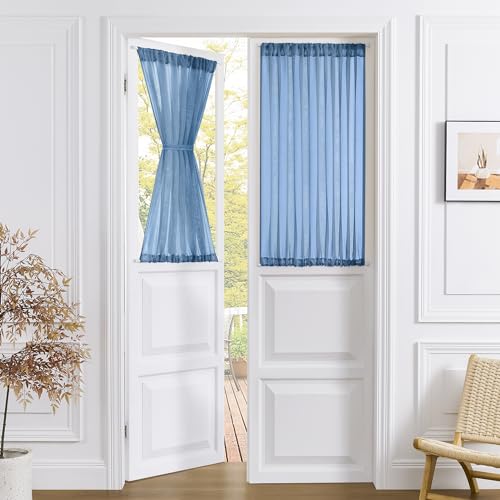 Tollpiz Small Sheer Door Curtain Closet Linen Textured Curtain Sheers Doorway Light Filtering Voile French Door Rod Pocket Curtains Patio Glass Doors, 25 x 40 inches Long, Classic Blue, 1 Panel - color: Classic Blue, size: 25"W x 40"L (Pack of 1)