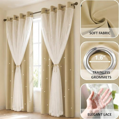 Beige Kids Star Cutout Curtains for Bedroom 52" W x 72" L 2 Panels - color: Beige, size: 52"W x 72"L (Pack of 2)
