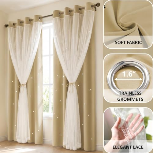 Beige Kids Star Cutout Curtains for Bedroom 52" W x 84" L 2 Panels - color: Beige, size: 52"W x 84"L (Pack of 2)