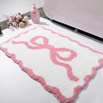 Tinideya Pink Bow Bathroom Rug 36" x 24" Scalloped Bow Bath Mat - color: Pink, size: 36" x 24" (Rectangular)