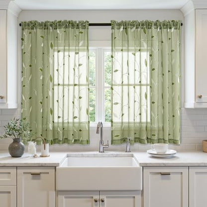 MIULEE Sage Green Sheer Curtains 2 Panels Leaf Patterned, W52 x L45 - color: Sage Green, size: 52"W x 45"L (Pack of 2)