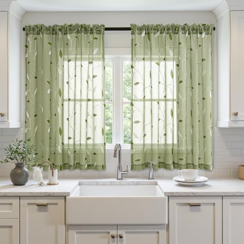 MIULEE Sage Green Sheer Curtains 2 Panels Leaf Patterned, W52 x L54 - color: Sage Green, size: 52"W x 54"L (Pack of 2)