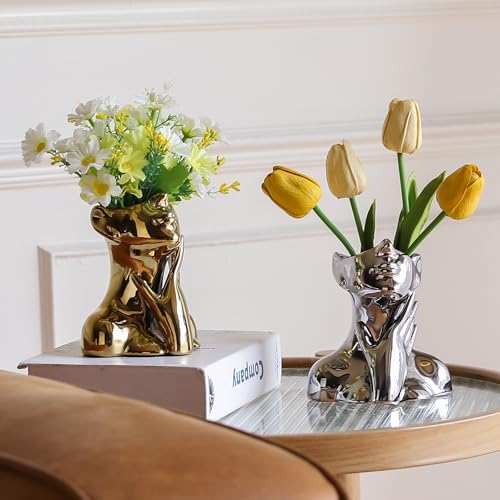 BrownLove Silver Ceramic Face Vase, Modern Silver Decorative Art Vase, Bookshelf Placed On The Desktop, Small Living Room, Office and Bedroom - style: Silver-Charming