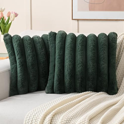FUTEI Pack of 2 Faux Rabbit Fur Throw Pillow Covers 18x18 Inch, Dark Green - color: Dark Green, size: 18" x 18" (Pack of 2)