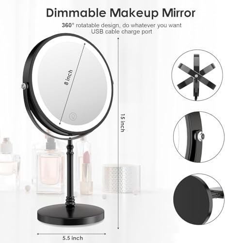 DEIOVWXS Makeup Mirror, Rechargeable Vanity Mirror with 3 Lights, 1X/10X - color: Black