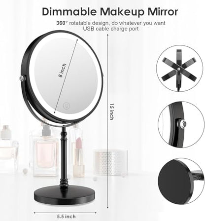 DEIOVWXS Makeup Mirror, Rechargeable Vanity Mirror with 3 Lights, 1X/10X - color: Black