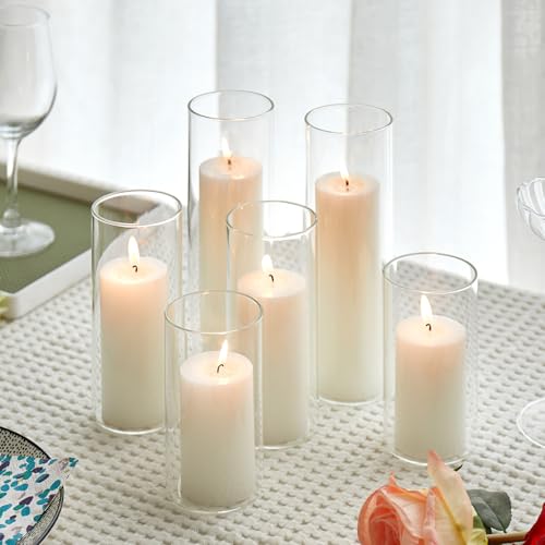 Set of 6 White Pillar Candles with Clear Glass Hurricane Holders- Elegant Cylinder Candle Vases for Weddings, Parties, Centerpieces, Home & Office Decor (White, 6 Set) - color: White