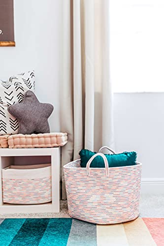 OrganiHaus Round Toy Basket & Blanket Basket, Cotton Rope 20x13" - color: Stitches Rainbow, size: Wide