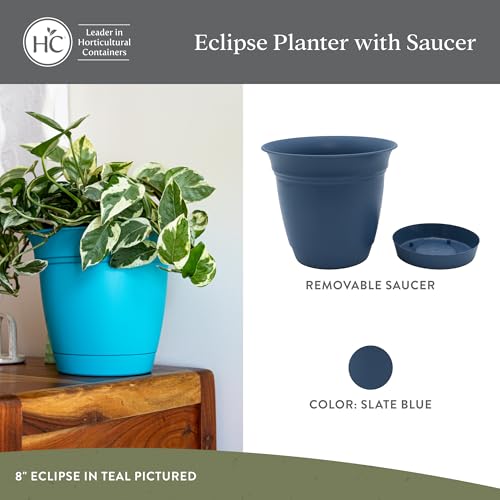 The HC Companies Eclipse Round Planter with Saucer - Outdoor & Indoor Plant Pot with Drainage Holes - Lightweight, UV-Resistant Plastic Pots for Plants, Flowers & Herbs (12" Slate Blue, Pack of 1) - size: 12"