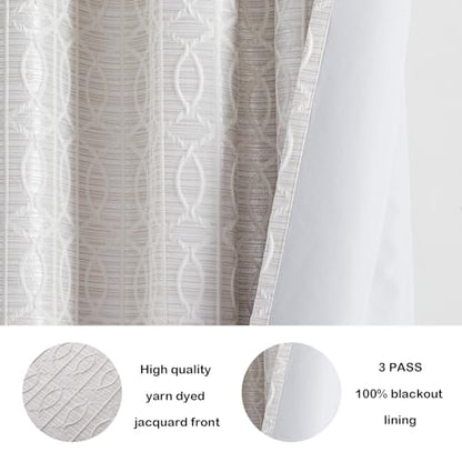 Cream and Silvery 100% Blackout Curtains 96 Inch Length 2 Panels, Jacquard Thermal Insulated Noise Reducing Grommet Drapes for Bedroom Living Room, 2pcs, 52" W x96 L - color: Cream and Silvery, size: 52"W x 96"L (Pack of 2)