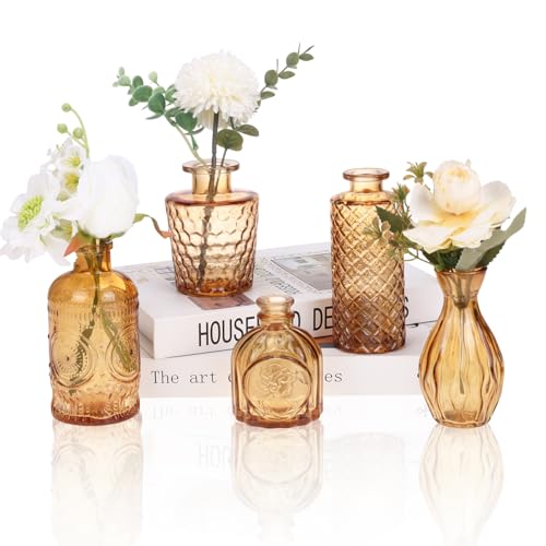 5pcs Amber Glass Bud Vase Set, Gold Small Flower Vases for Centerpieces - color: Amber, size: 5pcs