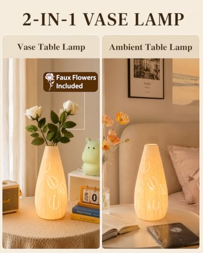 TACAHE Ceramic Vase Table Lamp - 2700K Bulb & 3 Artificial Flowers Included - style: Tulip