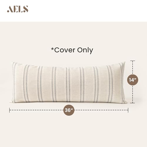 AELS 14x36 Decorative Lumbar Throw Pillow Covers, Farmhouse Linen Textured Long Pillow Case, Beige with White & Gray Stitch Boho Cushion Cover for Couch Living Room (Cover ONLY) - color: Beige With White & Gray, size: 36" x 14" (Pack of 1)