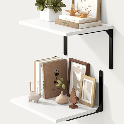 Fun Memories Floating Shelves for Wall, 12 Inch Deep Floating Shelves Set of 2, Wall Mounted Shelf with Metal Brackets, Rustic Wood Wide Shelf for Bathroom, Kitchen and Living Room, White, 16W x 12D - color: White | L Bracket, size: 16"L x 12"D