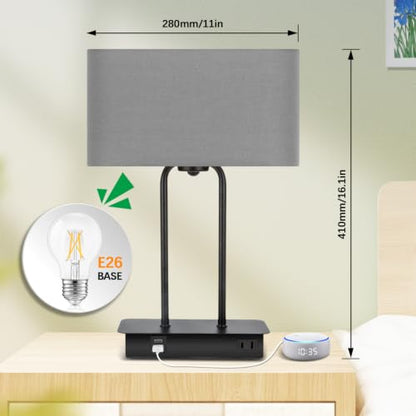 BesLowe 16’’ Table Lamp for Bedroom, Bedside Nightstand Lamp with LED Bulb - color: Dark Gray
