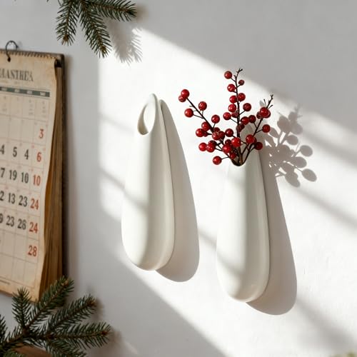 White Ceramic Wall Vases, Set of 2, 12 Inch, Teardrop Design - color: 2pcs-large