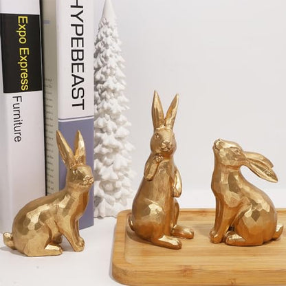Glintoper 3 Pack Easter Bunny Figurines Decor, Mini Resin Golden Bunnies Spring Sculpture Tabletop Ornament, Rabbits Festival Present for Garden Home Table Office Dining Room Mantle Party Supplies