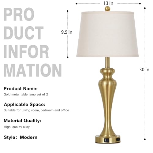 30" Gold Tall Table Lamps for Living Room, Touch Control Bedroom Lamp with USB A+C Ports and AC Outlet, 3-Way Dimmable Bedside Table Lamps Set of 2, Modern Metal Lamp for Nightstand - color: Gold