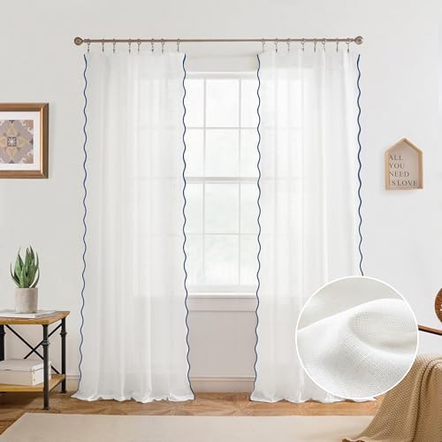 DriftAway Semi Sheer Scalloped Edge White Coastal Beach Window Curtains for Living Room Bedroom 2 Panels Rod Pocket Each Size 52 Inch by 84 Inch Navy - color: White Navy, size: 52"W x 84"L (Pack of 2)