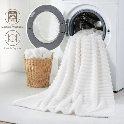 Taliska Ribbed Fleece Throw Blanket for Couch & Bed, White, 60"x80" - color: White, size: Throw(60"x80")