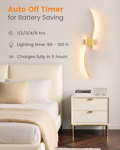 VOLISUN Battery Operated Wall Sconces Set of Two, 39.4 inch Wireless Wall Sconces, 3000K-6500K Dimmable Wall Lamps with Remote, Rechargeable Gold Wall Lights for Living Room, Hallway, Bedroom - color: Gold, size: 39.4 INCH