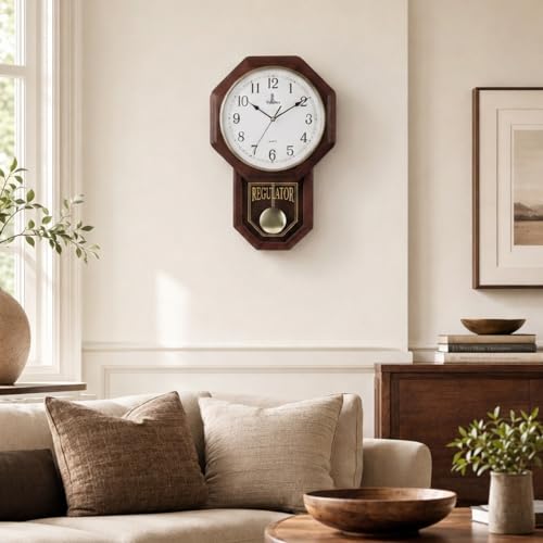 Pendulum Wall Clock, Real Wood Regulator Clock, Quiet, Non-Chiming, Wooden - color: Dark Wood
