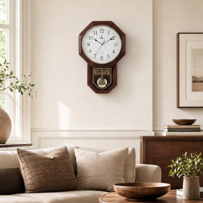 Pendulum Wall Clock, Real Wood Regulator Clock, Quiet, Non-Chiming, Wooden - color: Dark Wood