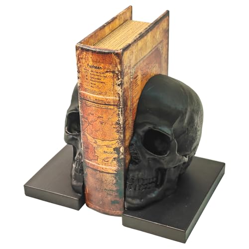 Heavy Duty Resin Skull Bookends, Gothic Shelf Desk Decor (Black)