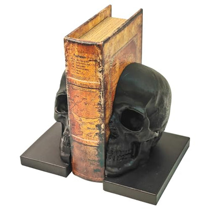 Heavy Duty Resin Skull Bookends, Gothic Shelf Desk Decor (Black)
