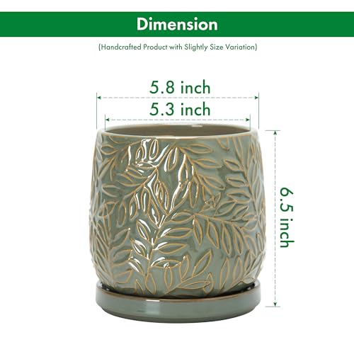 D'vine Dev Embossed Leaves Ceramic Planter, 6 in, Olive, 27-A-X-0 - color: Olive, size: 6 Inch