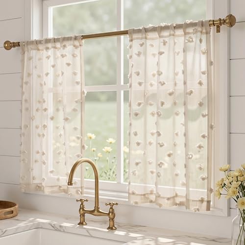 MYSKY HOME Beige Sheer Curtains 30 inch Length for Small Window,2 Panels - color: 1-wood Beige, size: 26"W x 30"L (Pack of 2)