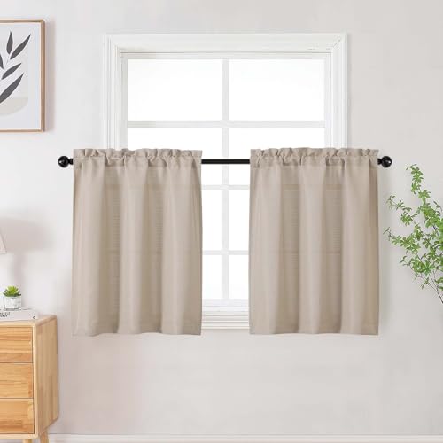 Linen Short Curtains Tier 30 Inch Length 2 Panels Set, Faux Linen Textured Small Kitchen Curtains Light Filtering Drapes for Bathroom Basement, Linen, 2 Pcs, Each 30Wx30L Inch - color: Linen, size: 30"W x 30"L (Pack of 2)
