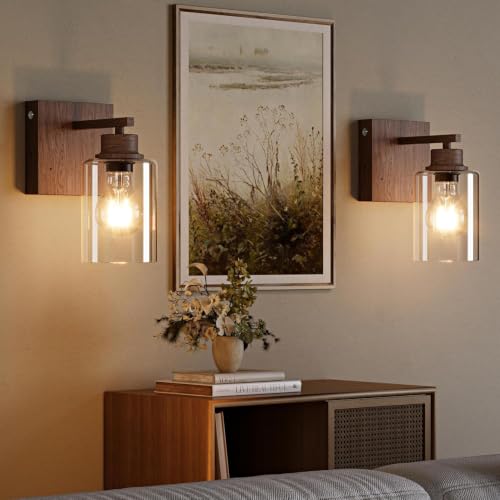 Rayogale Walnut Battery Operated Wall Sconce Set of Two with Remote Control | Dimmable Rechargeable Wall Lights with Timer, Easy Install Glass Lamp for Living Room Bedroom, Emergency 3000K - color: Walnut(Clear Lampshades)
